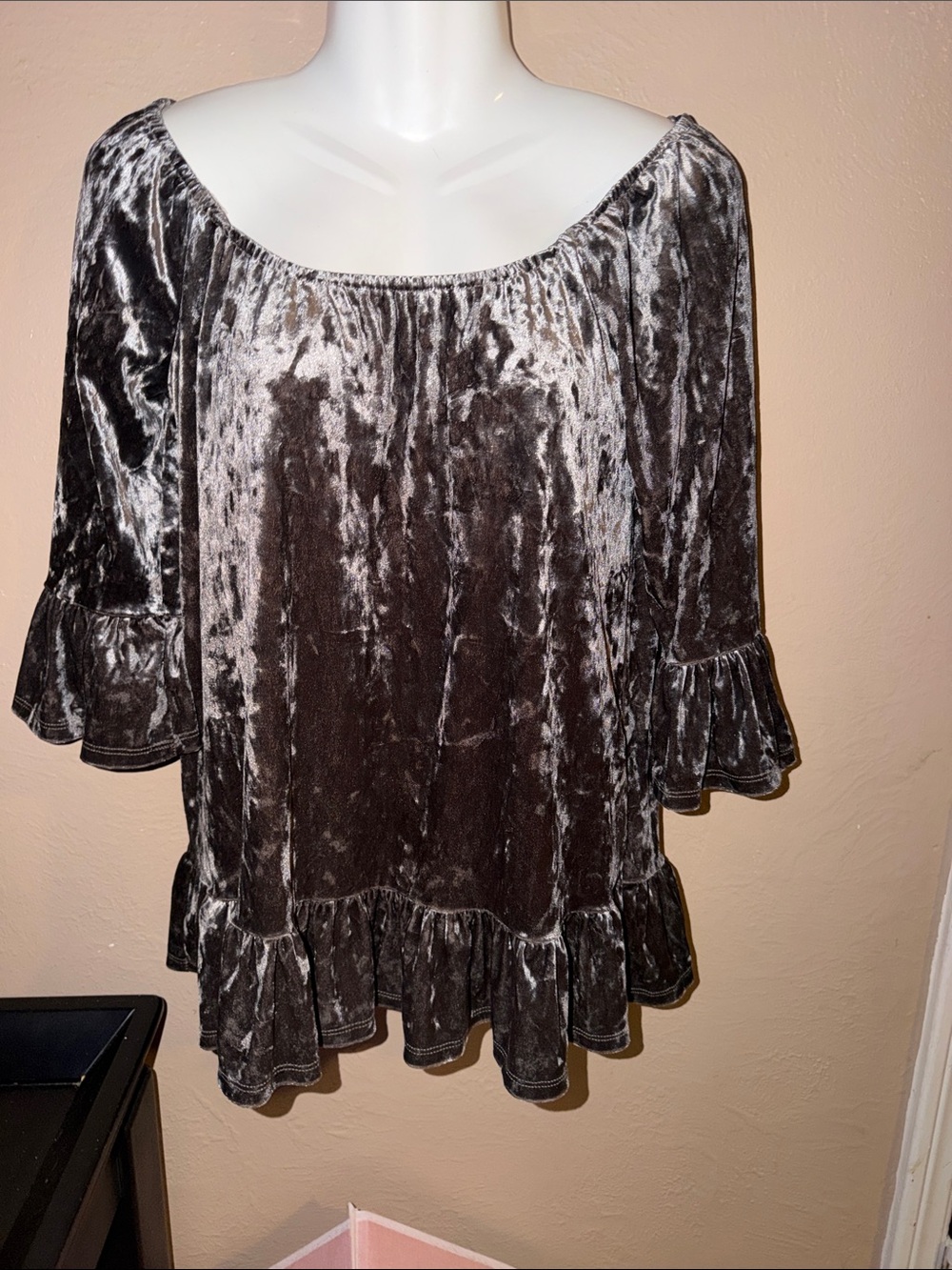 Velvet Ruffle Peasant Top - Charcoal Gray with empire waist size small